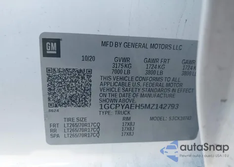 2021 Chevrolet Silverado 1500 из США, поврежденный, VIN 1GCPYAEH5MZ142793